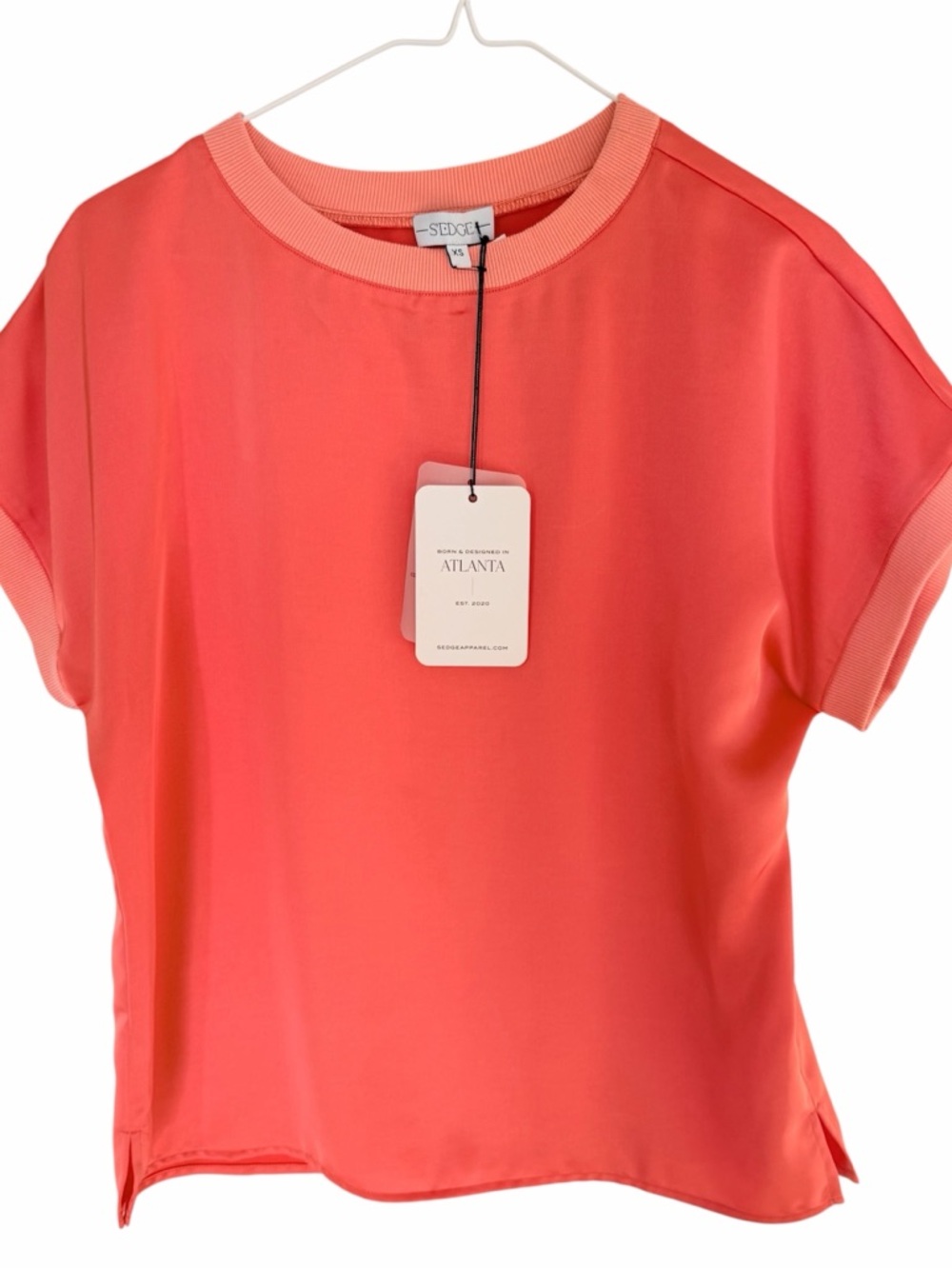 NWT SEDGE Apparel Modern Luxe Retro Silky Pink Coral Crew Short Sleeve Tee XS